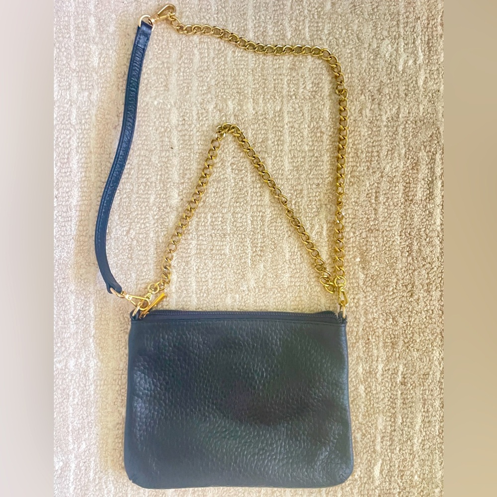 Lodis Black Pebbled Genuine Leather Crossbody Bag with Gold Chain